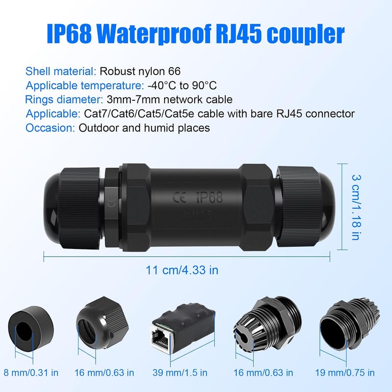 QINGLER موصل RJ45 مقاوم للماء 3 عبوات، موصل إيثرنت محمي IP68 للهواء الطلق، موصل أنثوي إلى أنثوي لشبكة Cat7/Cat6/Cat5E/Cat5 (غير متوافق مع PoE) - Image 5